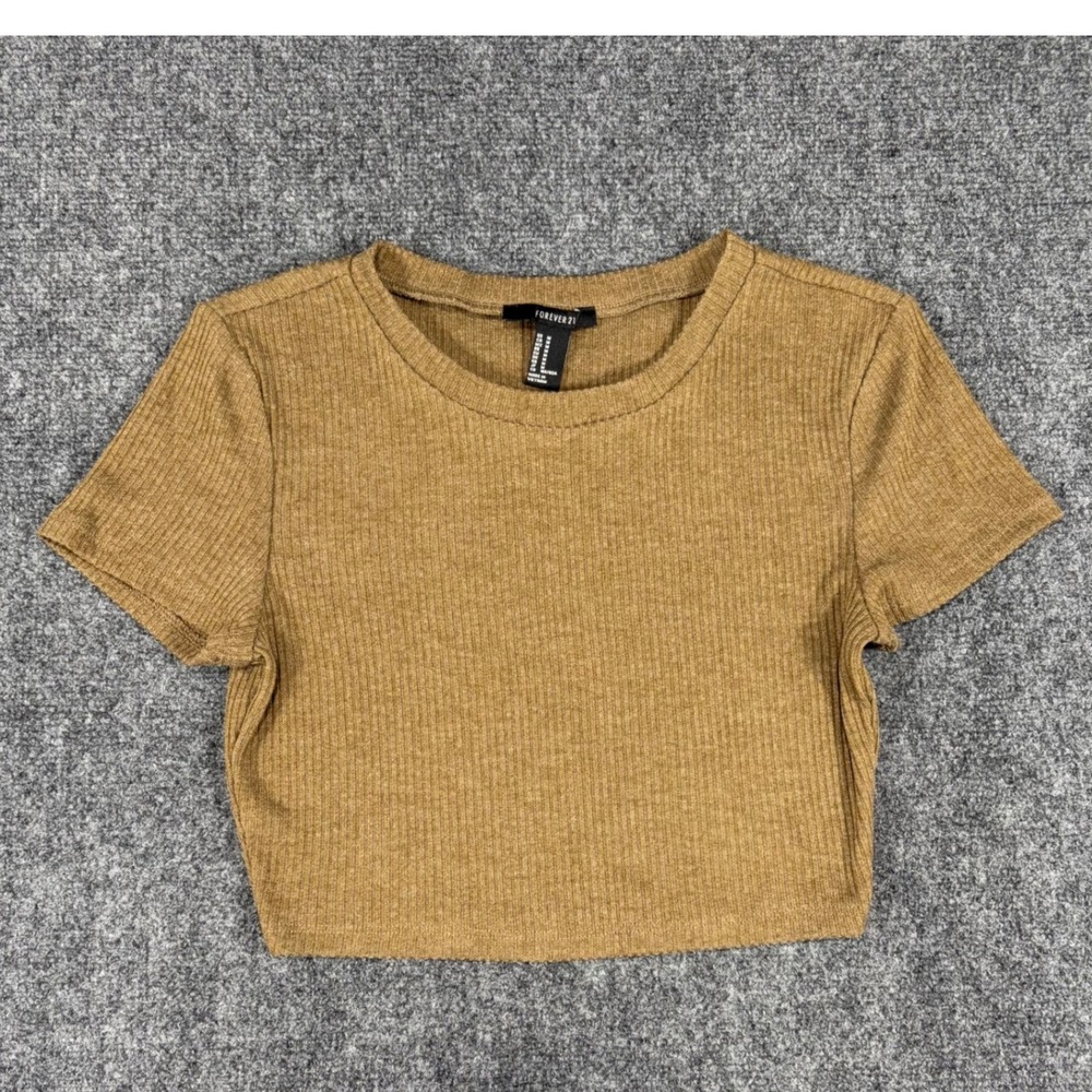 Forever 21 Womens Ribbed Knit Crop Top Short Sleeve Brown Size Medium
